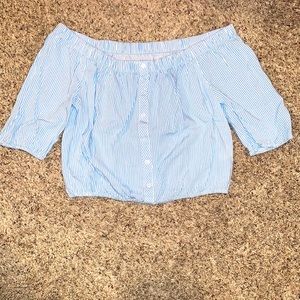 Off the shoulder top, light blue and white stripes